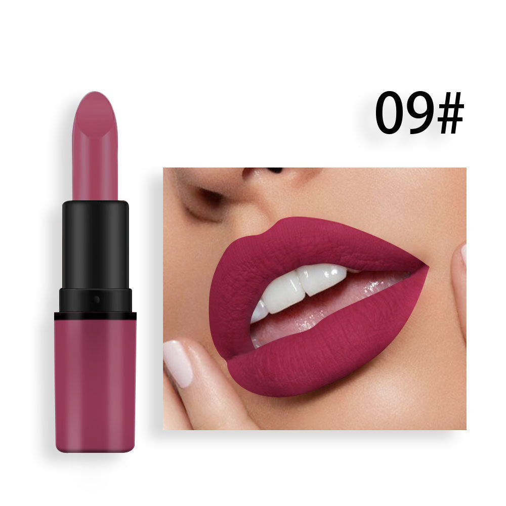 Matte mauve pink lipstick in black plastic tube beside a woman wearing the same shade, labeled 09#.