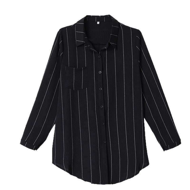 Black long-sleeve button-down shirt with white vertical pinstripes, lapel collar, and single chest pocket.