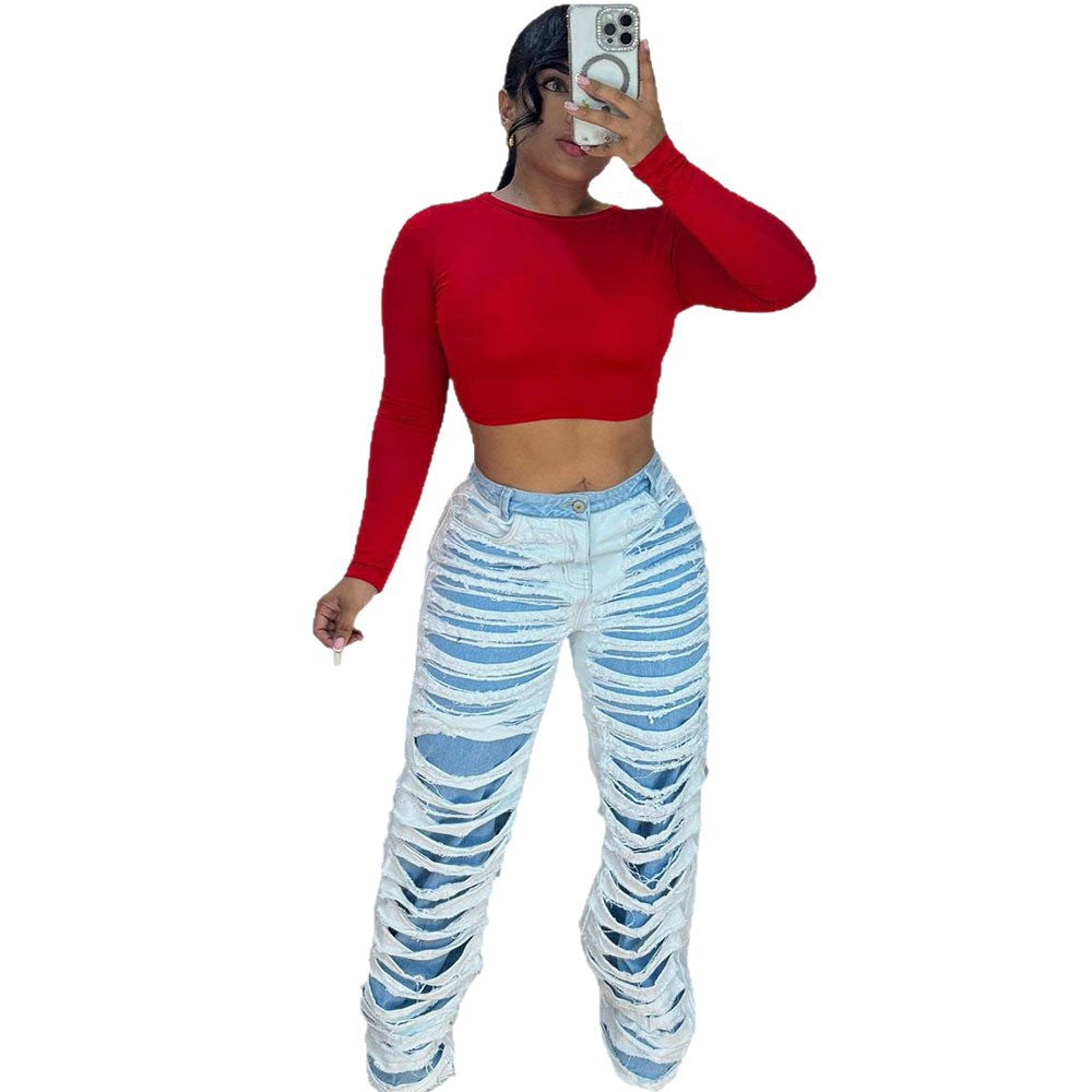 Eprolo women's straight leg jeans with distressed wash and double-layer design, casual and stylish denim pants.
