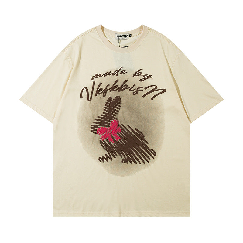 Eprolo graffiti rabbit print short-sleeved shirt, colorful urban art design on lightweight casual shirt.