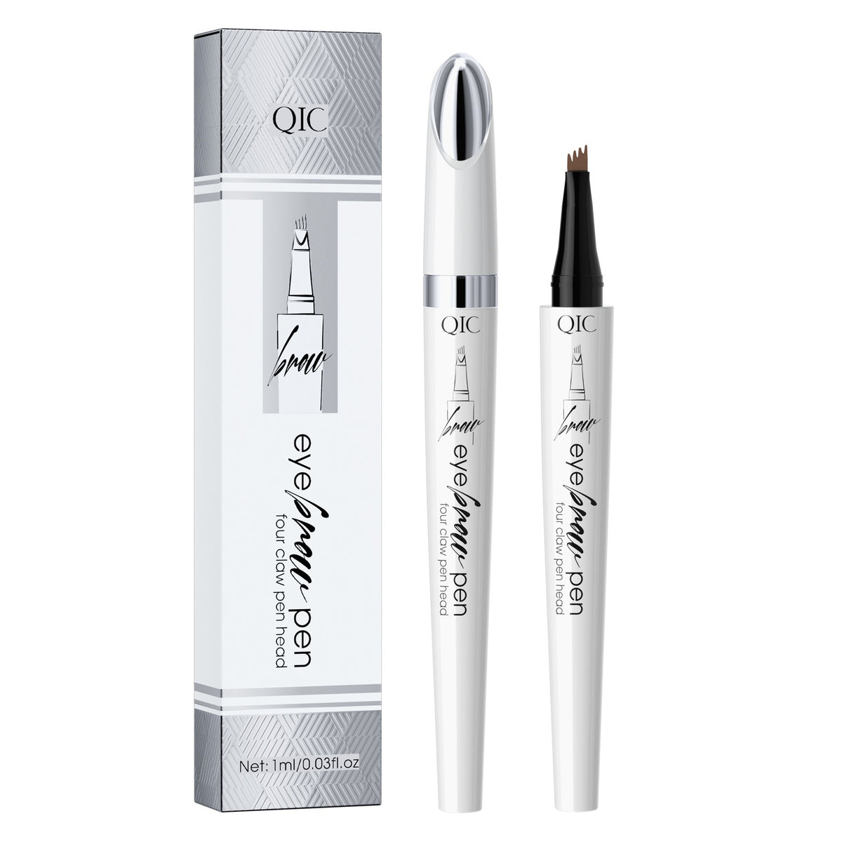 White QIC four-claw eyebrow pen with cap and open tip showing brown four-pronged bristles, next to matching box.