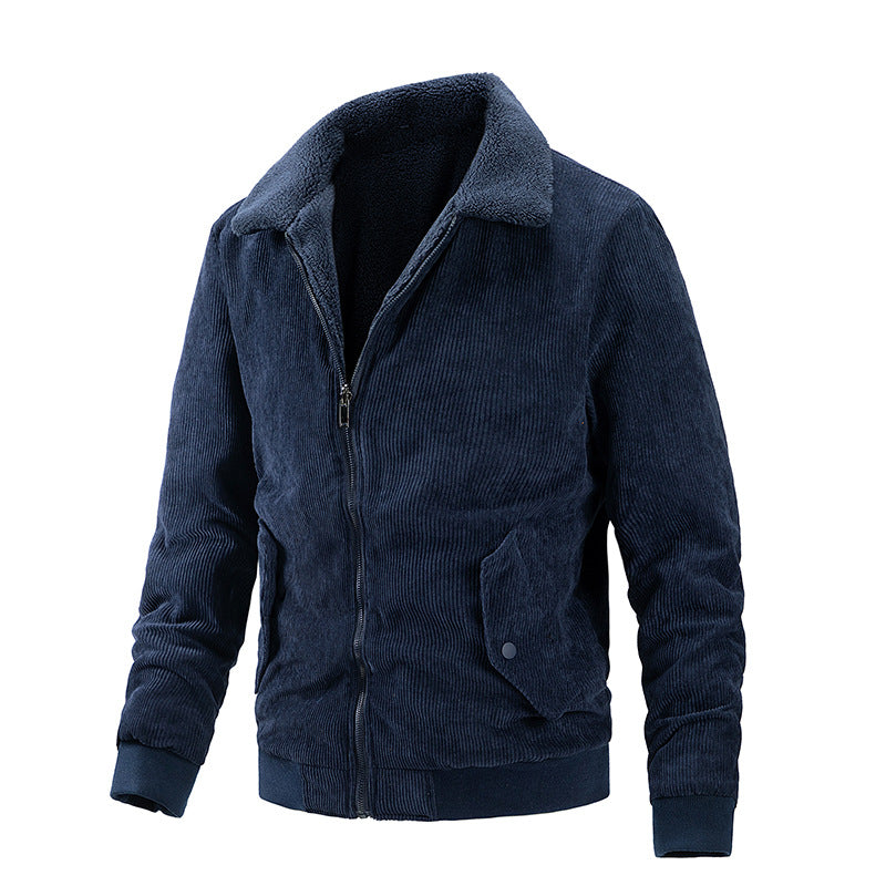 Dark blue corduroy zip-up bomber jacket with a fleece collar, flap pockets, and ribbed hem and cuffs.