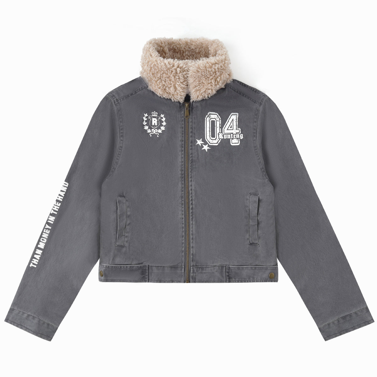A grey cropped jacket features a fluffy sherpa collar, front zipper, and white printed graphics.