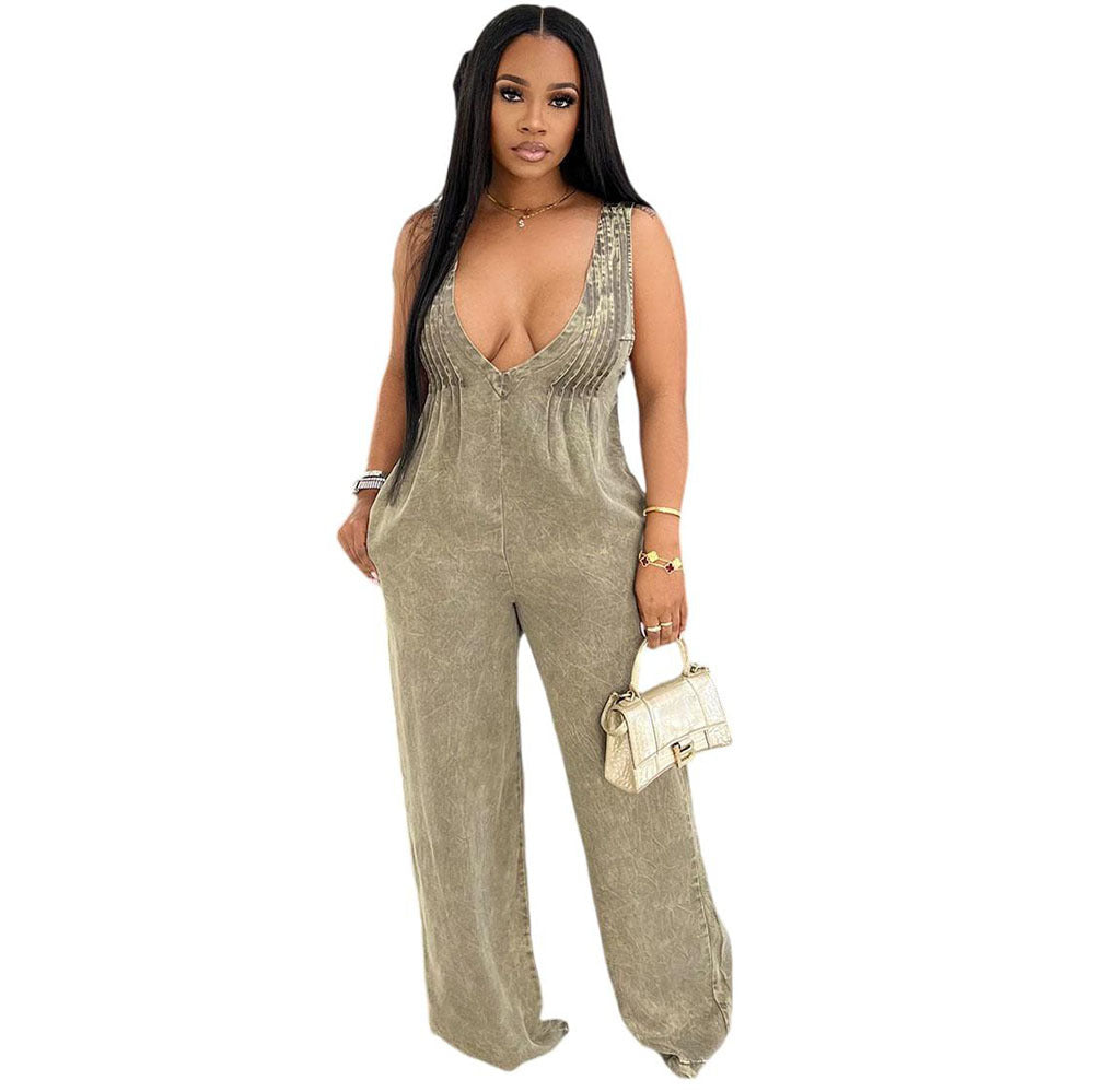 Women's denim jumpsuit by eprolo featuring a solid color, backless design, sleeveless, and loose fit overall dress.