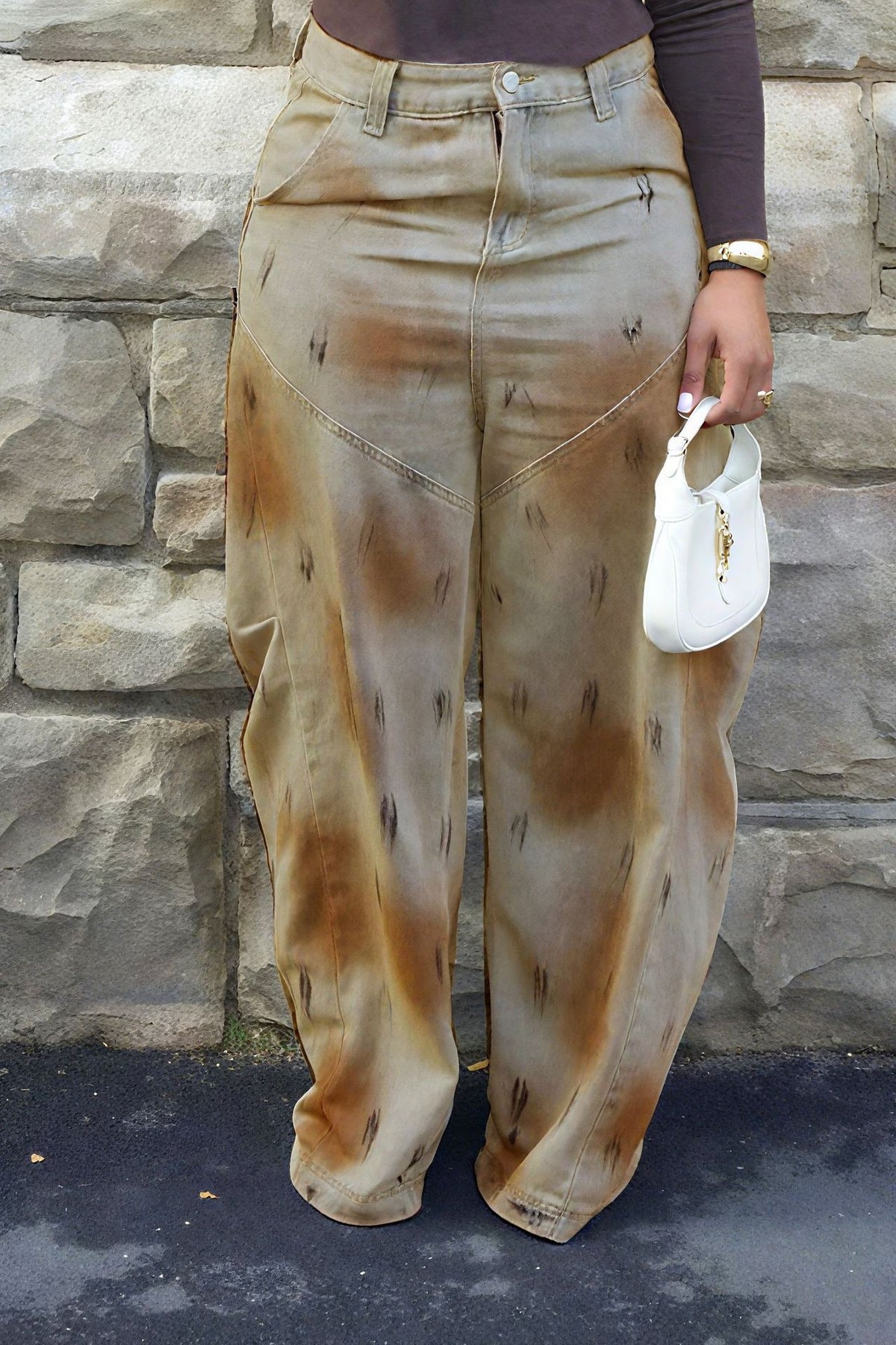 Eprolo heavy washed wide-leg denim pants with loose fit and knife cut details, shown in a casual style.