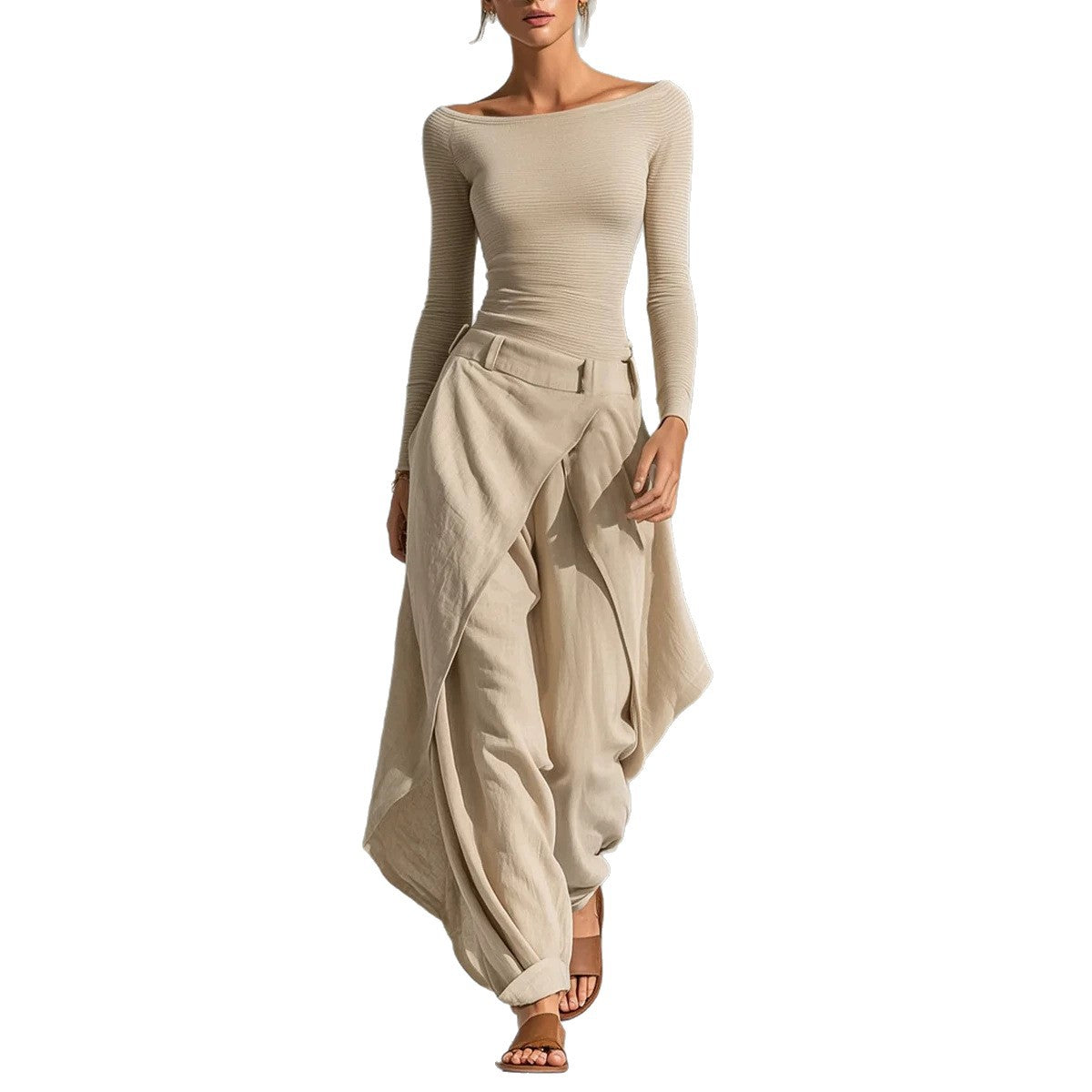 Eprolo women's loose top and pants two-piece set, comfortable casual outfit with relaxed fit in neutral fabric.