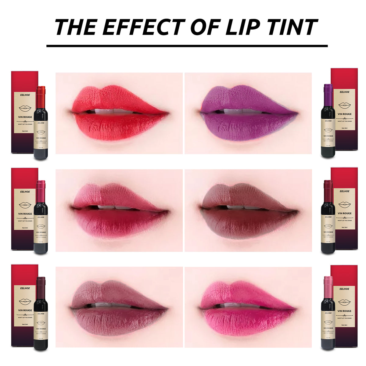 Six lip tint bottles beside lips showing red, purple, pink, and brown matte color shades.