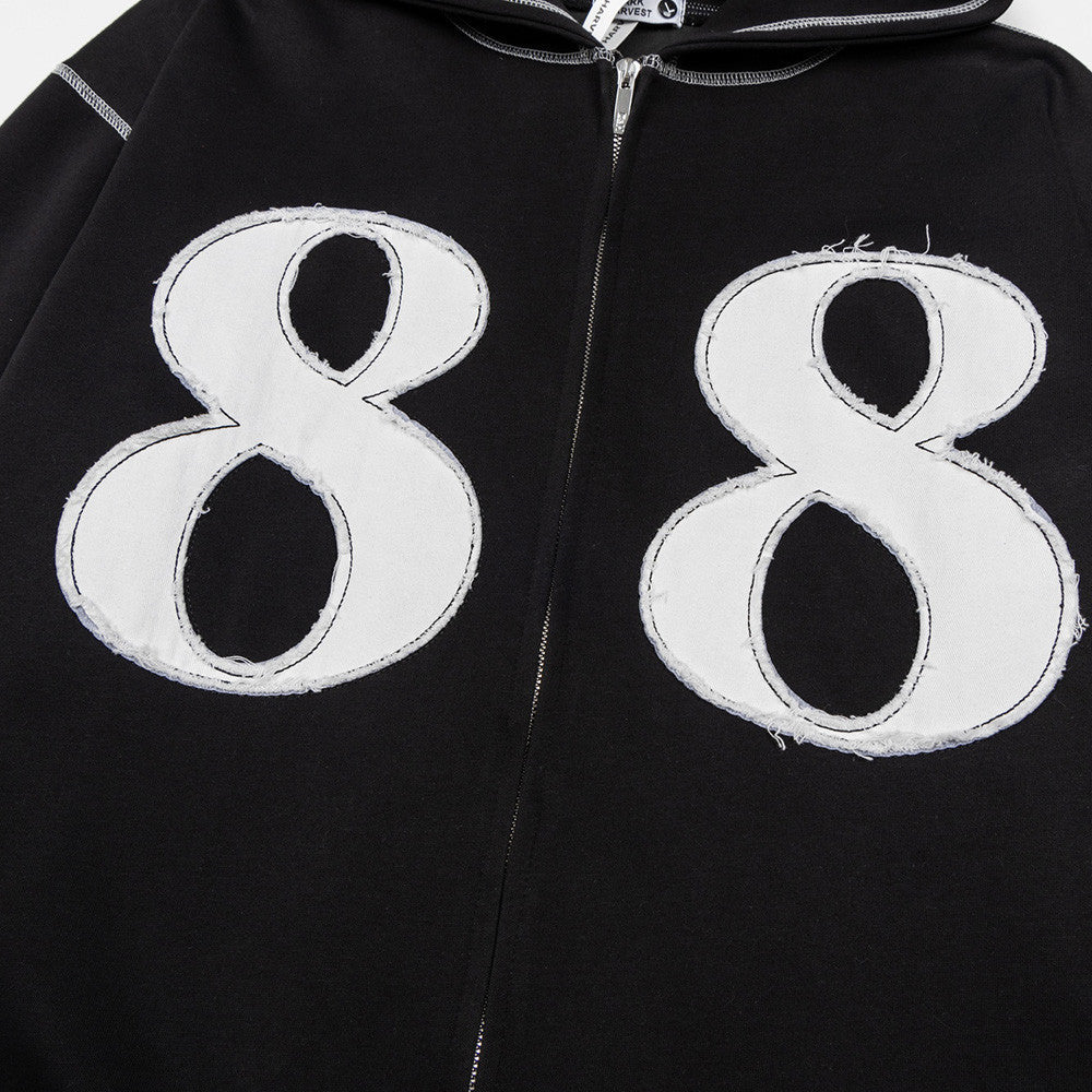 Black full-zip hoodie with white contrast stitching and distressed white patches of the number 88.