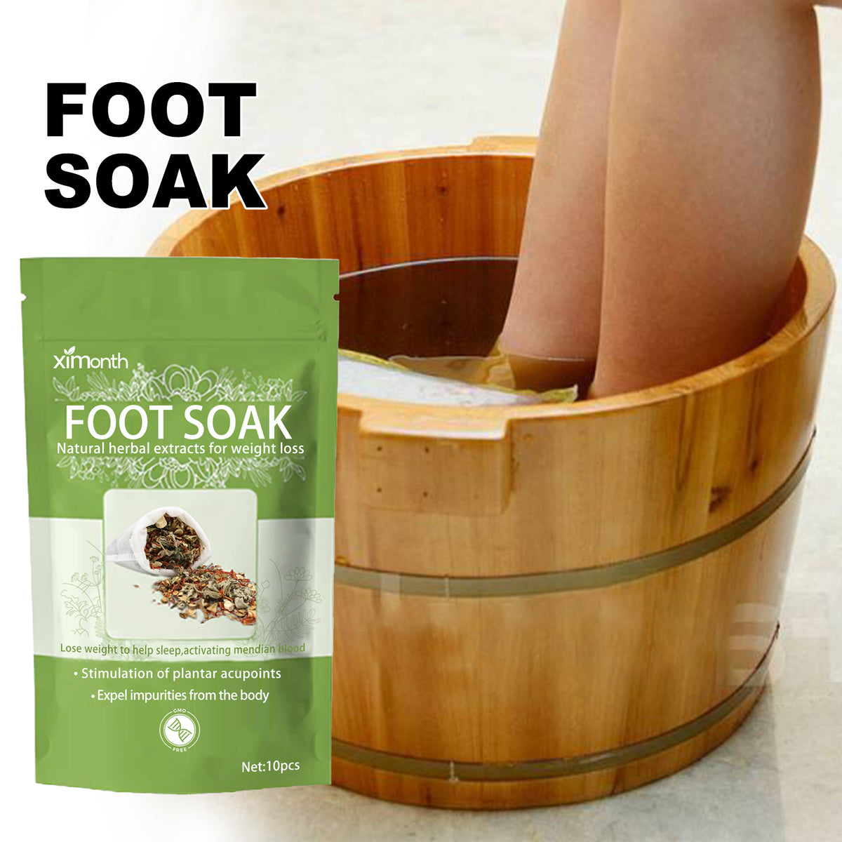 Green pouch labeled "Foot Soak Natural herbal extracts," beside a wooden tub with feet soaking.
