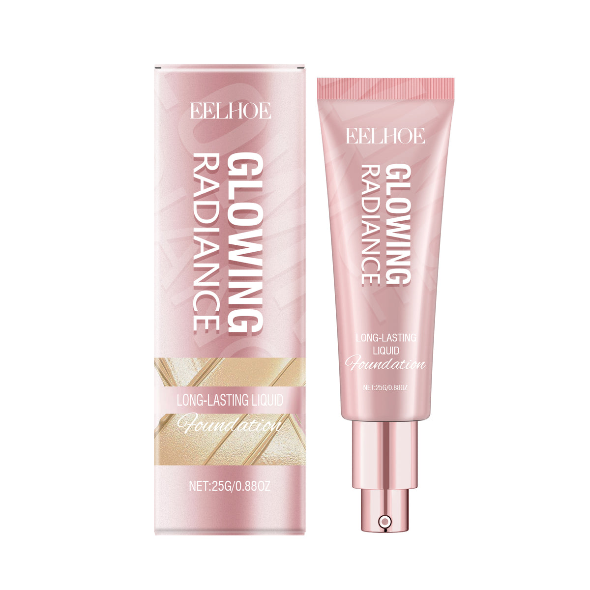 Eelhoe pink liquid foundation tube and matching box with white "Glowing Radiance" text and pump dispenser.