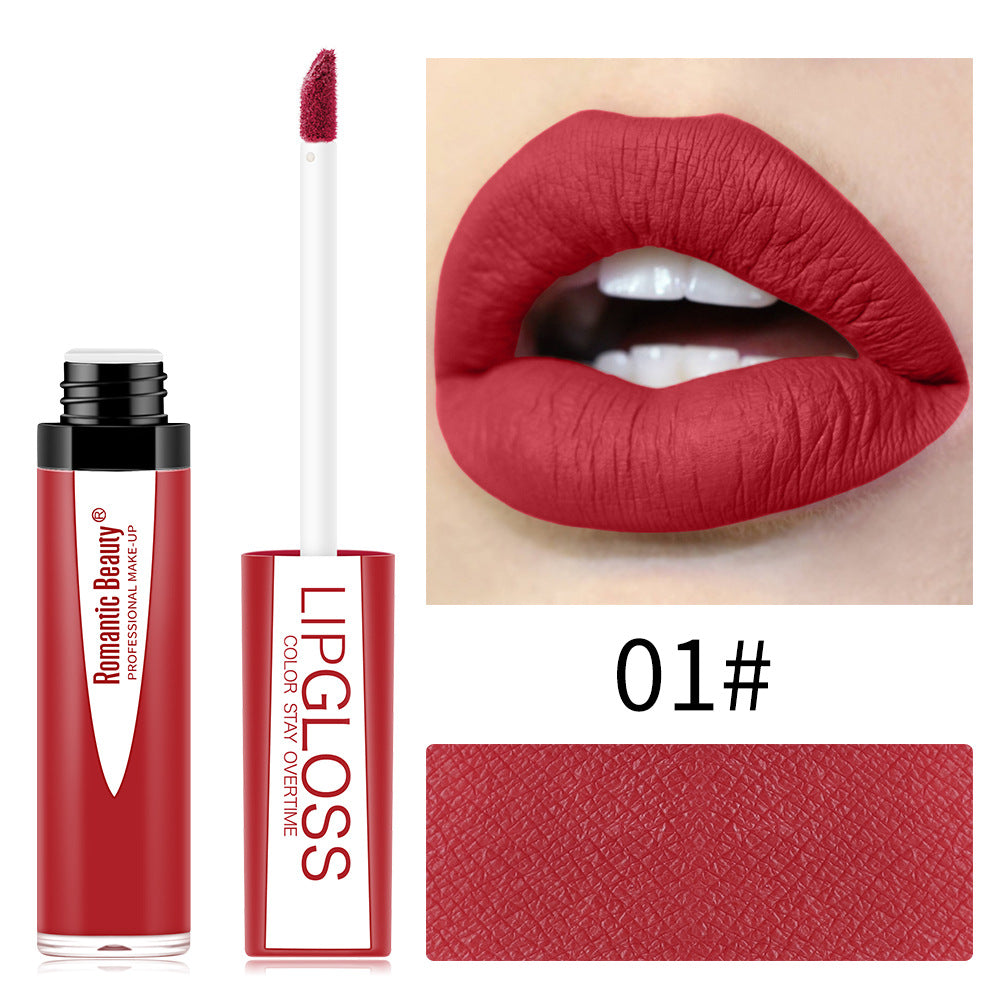 Romantic Beauty red matte lipgloss with wand, shown on lips with shade 01# text.