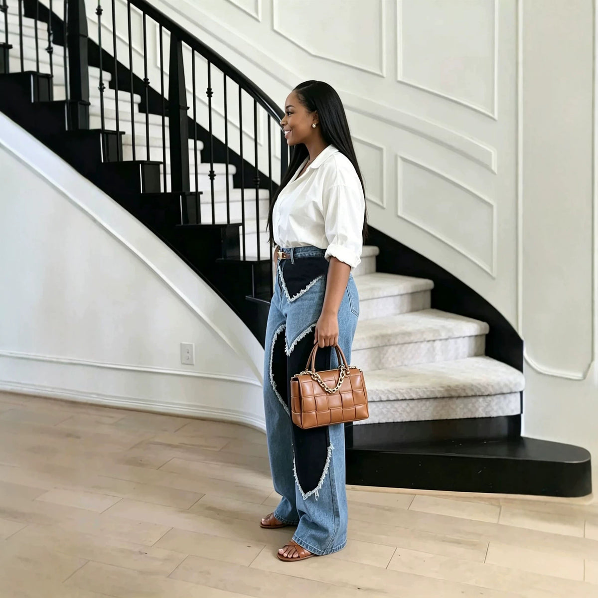 Color block patchwork heart raw hem denim jeans by Plush Fashion Hub, featuring vibrant color blocks and distressed hem details.