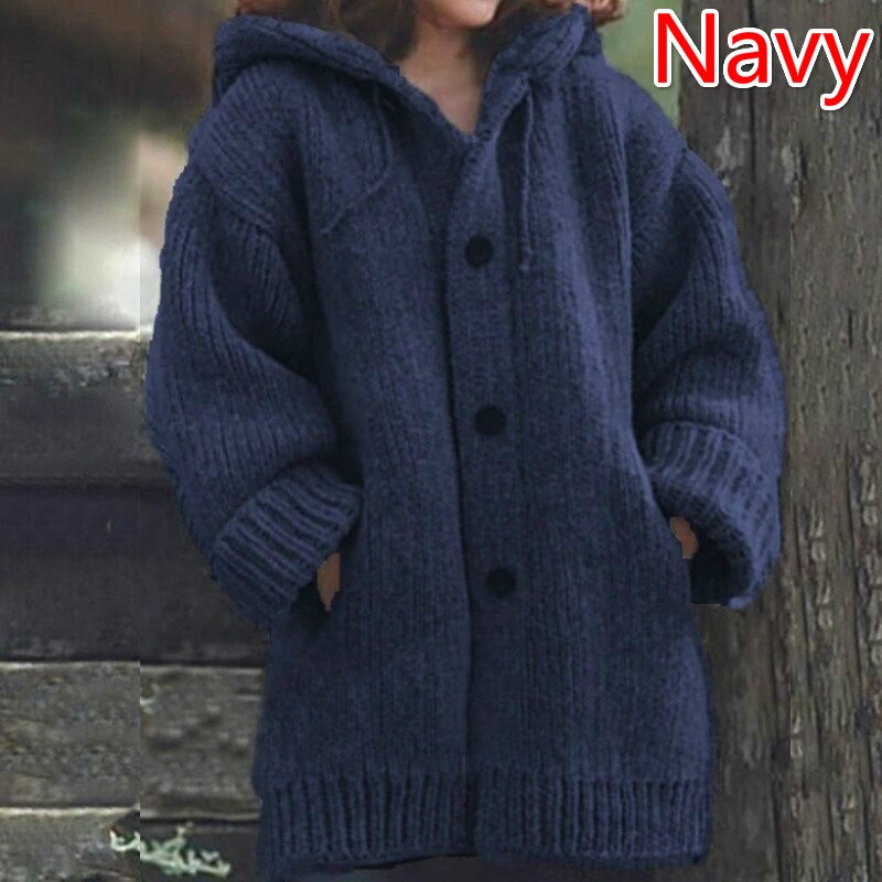 Navy blue knit hooded cardigan with front buttons and ribbed cuffs.