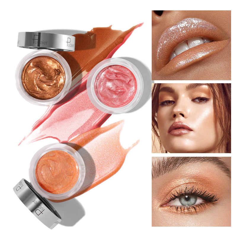 Three clear jars of metallic bronze, pink, and peach cream makeup with swatches, plus model application examples.