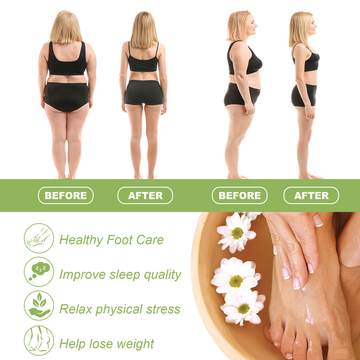 Before and after images of a woman wearing black activewear, and feet in a wooden bowl of water with white flowers.