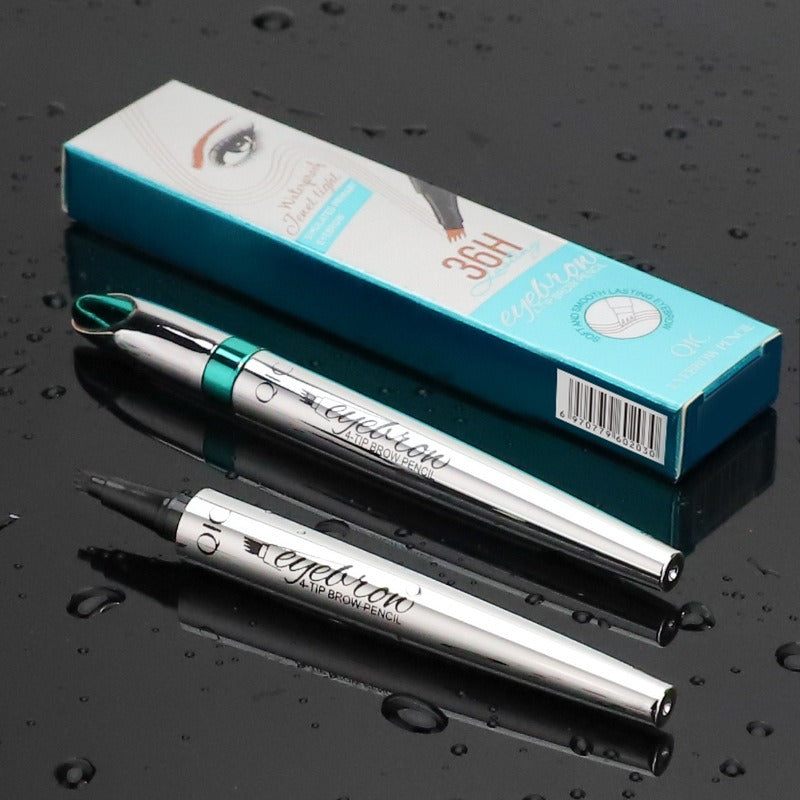 Silver 4-tip eyebrow pencil with green accents and box on a wet dark surface.