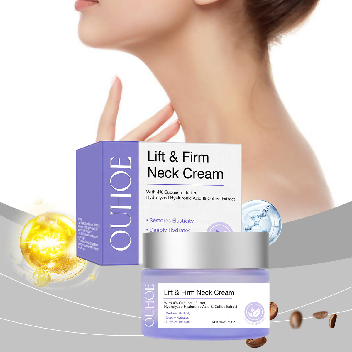 OUHOE Lift & Firm Neck Cream in purple jar and box, featuring a woman touching her neck in background.