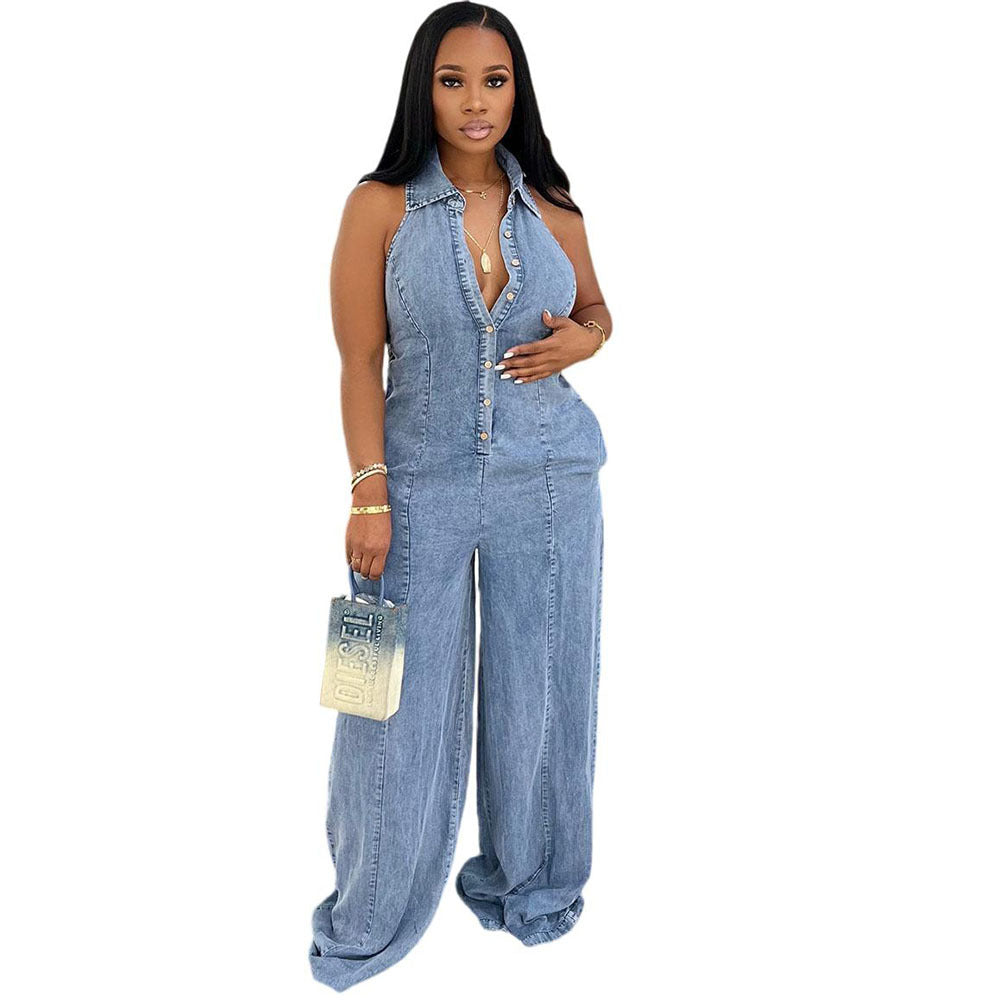 Women's denim jumpsuit with turn-down collar and halter neckline, featuring a single button closure, perfect for autumn winter fashion.
