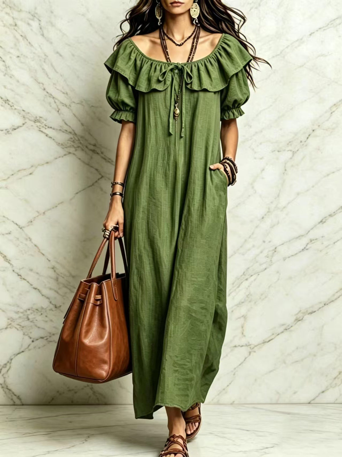Casual elegant round neck beach vacation dress for women with ruffle details, by eprolo, perfect for summer and seaside outings.
