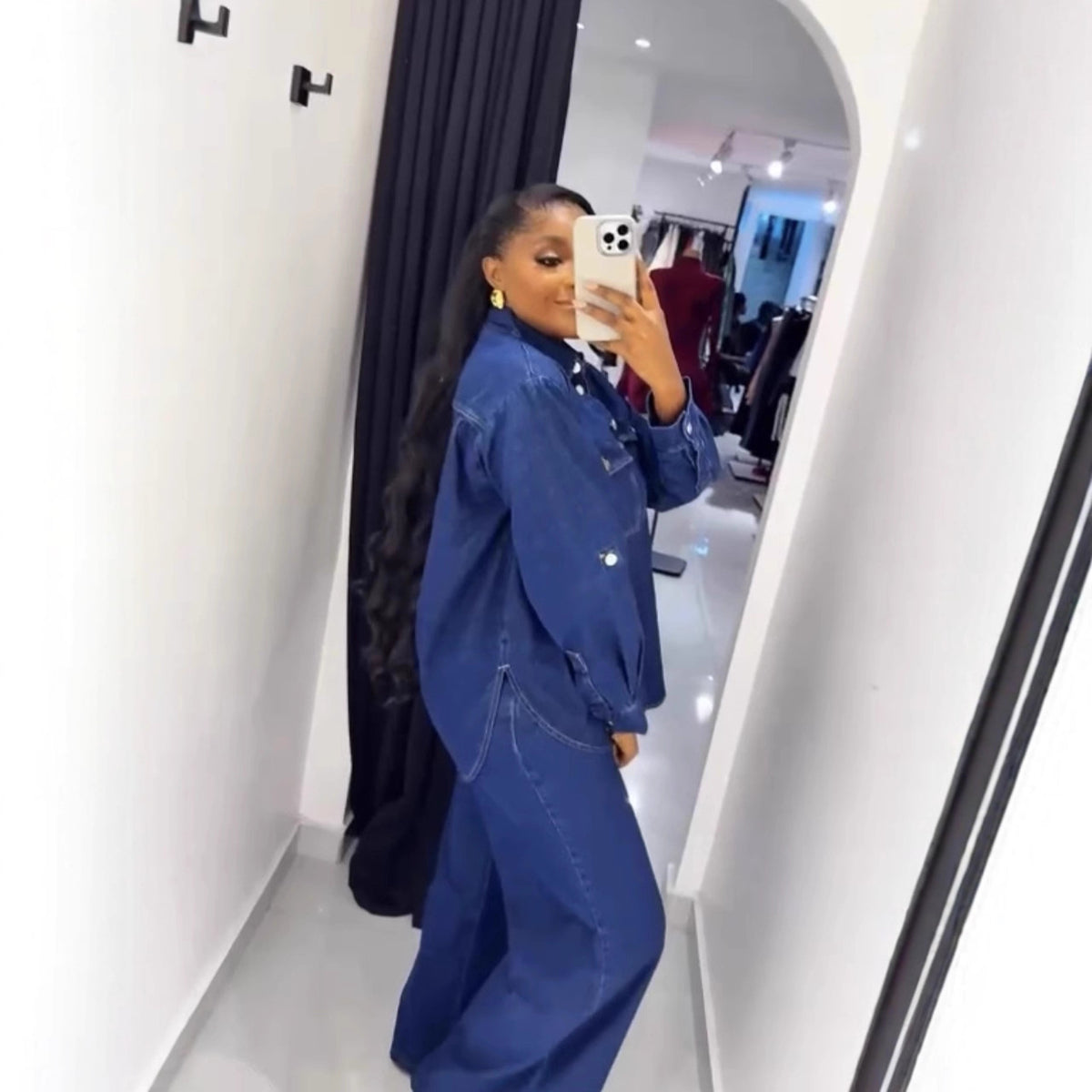 Vintage denim long sleeve shirt and straight leg pants two-piece set by Plush Fashion Hub, featuring classic blue denim fabric.