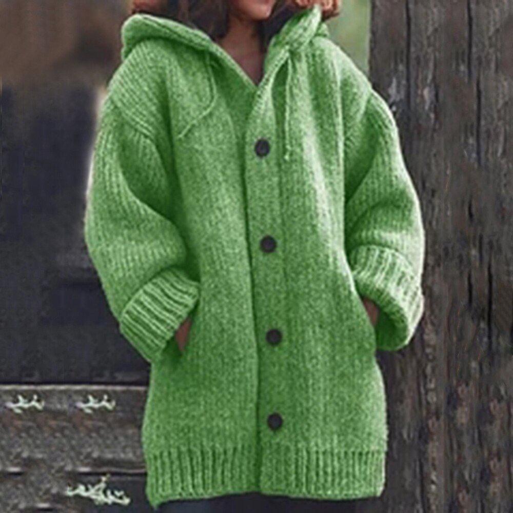 Green knit hooded cardigan with front buttons and ribbed cuffs.