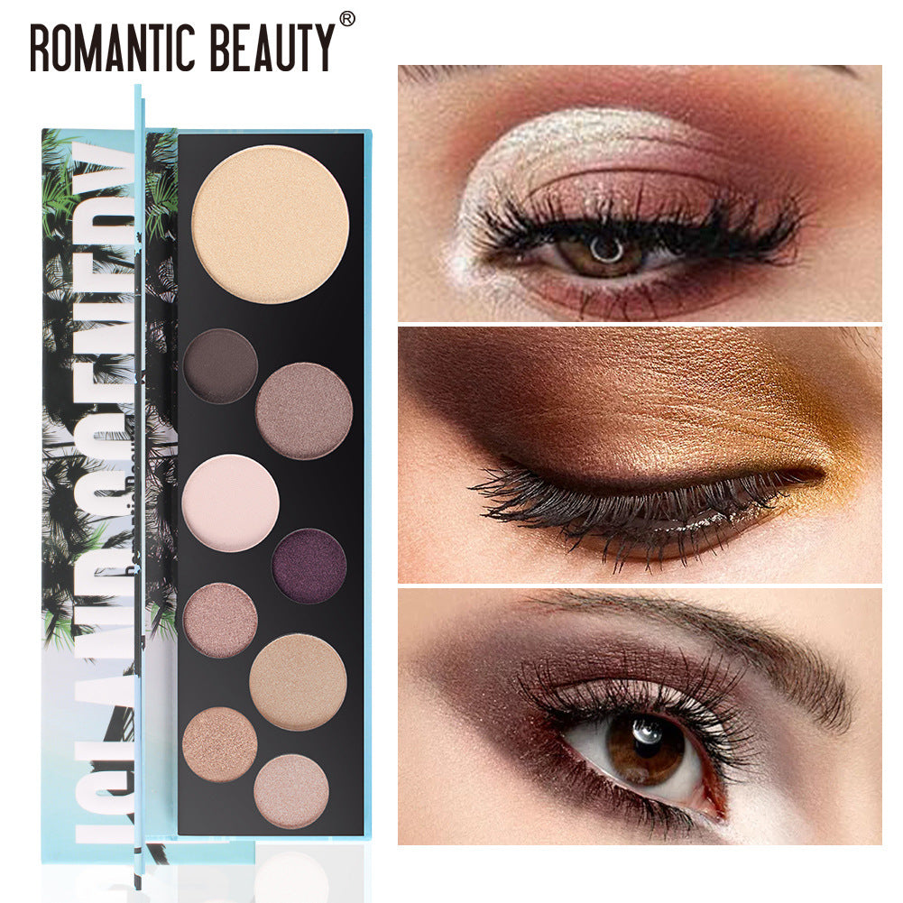 Romantic Beauty eyeshadow palette with colorful pans in a palm tree case, paired with 3 eye makeup examples.