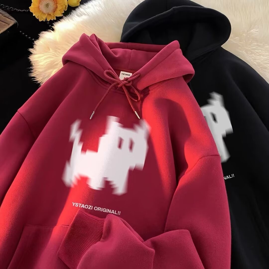 Red fleece hoodie with drawstring, kangaroo pocket, and a white pixelated cat graphic and text.