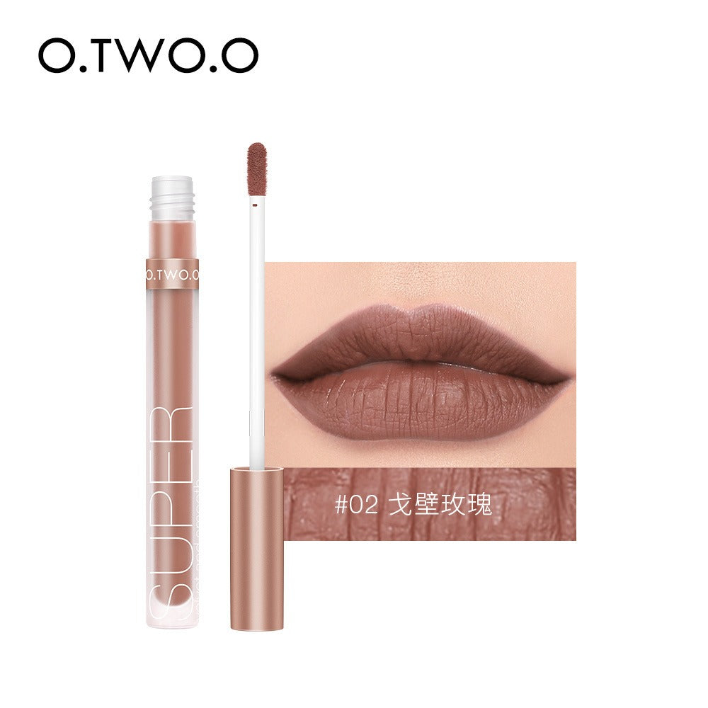 O.TWO.O matte liquid lipstick in shade #02, featuring a frosted tube, applicator brush, and brown lip swatch.