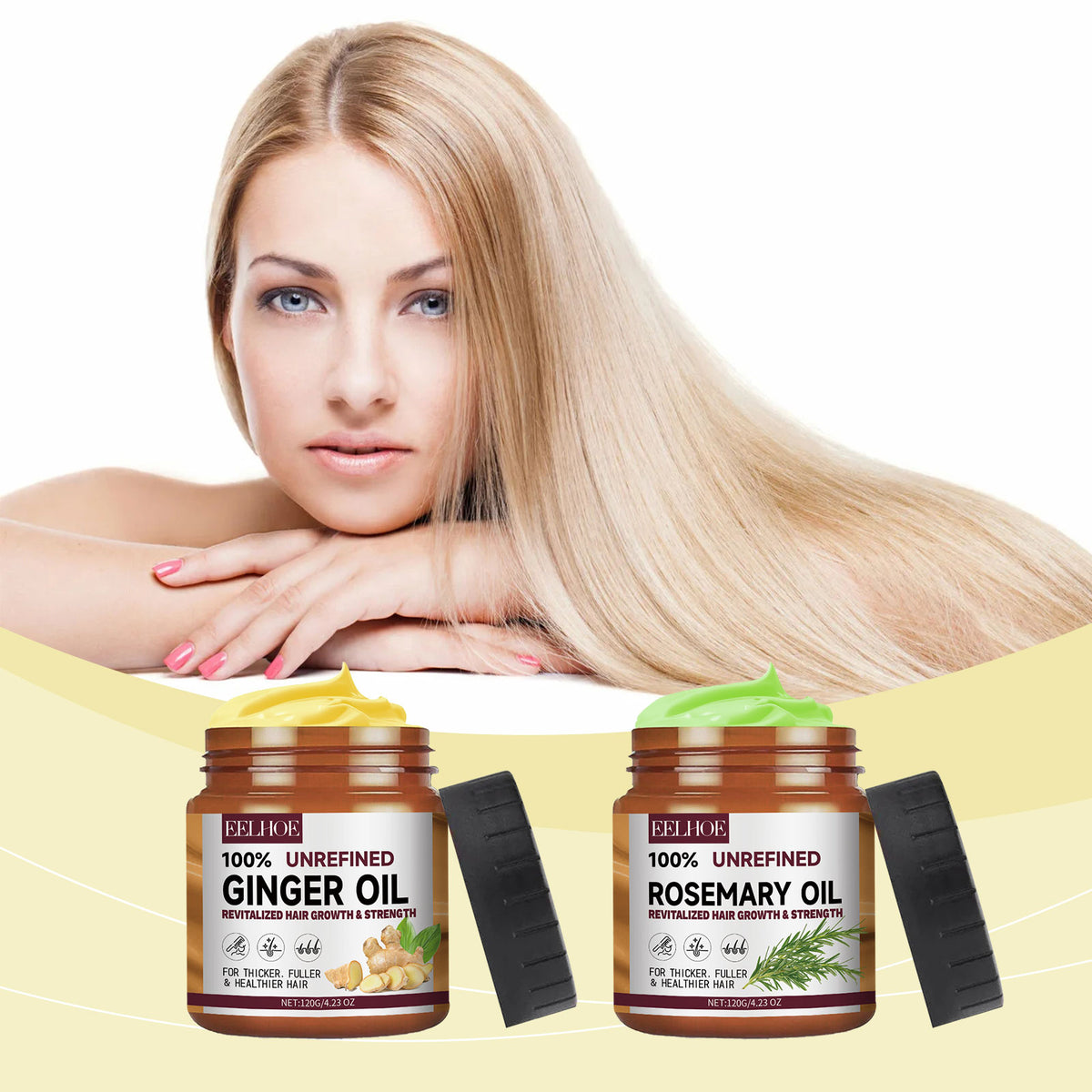 Two brown jars of Eelhoe hair oil, Ginger and Rosemary, with cream and black caps, beside a woman with long blonde hair.