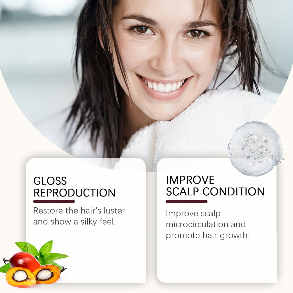 Smiling woman with wet dark hair, wrapped in a white towel, with two infoboxes listing gloss and scalp benefits.