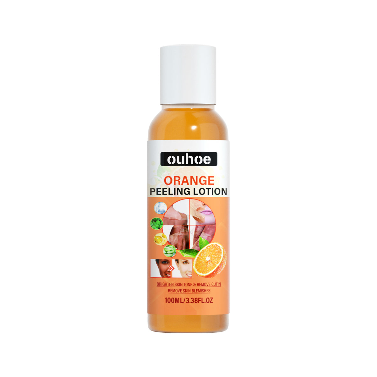 A plastic bottle of Ouhoe orange peeling body lotion with a white cap against a white background.