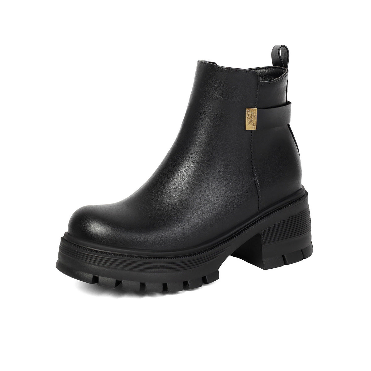 Black leather ankle boot with chunky lug sole, block heel, and side strap featuring a gold-toned metal buckle.