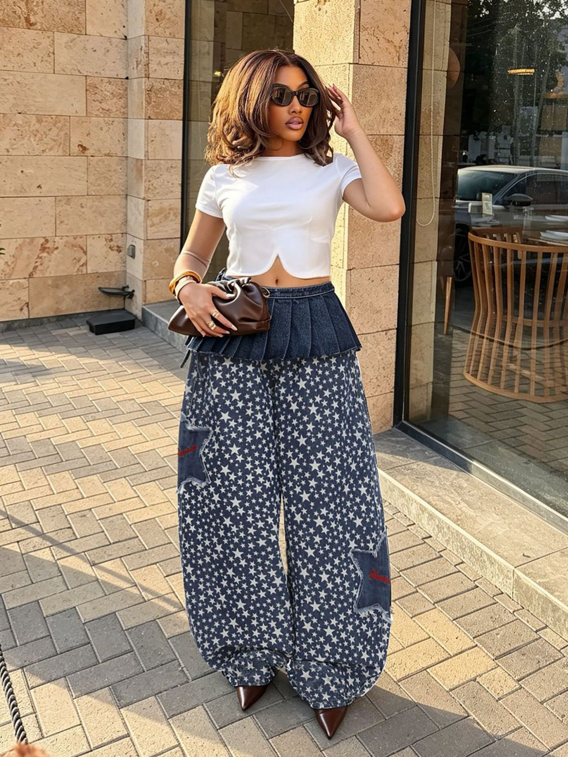 Layered denim pants with a removable waist belt and star patchwork design by eprolo, featuring a stylish, casual fit.
