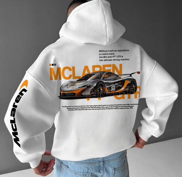 A white loose-fit hoodie with a McLaren car graphic and text on the back and sleeve.