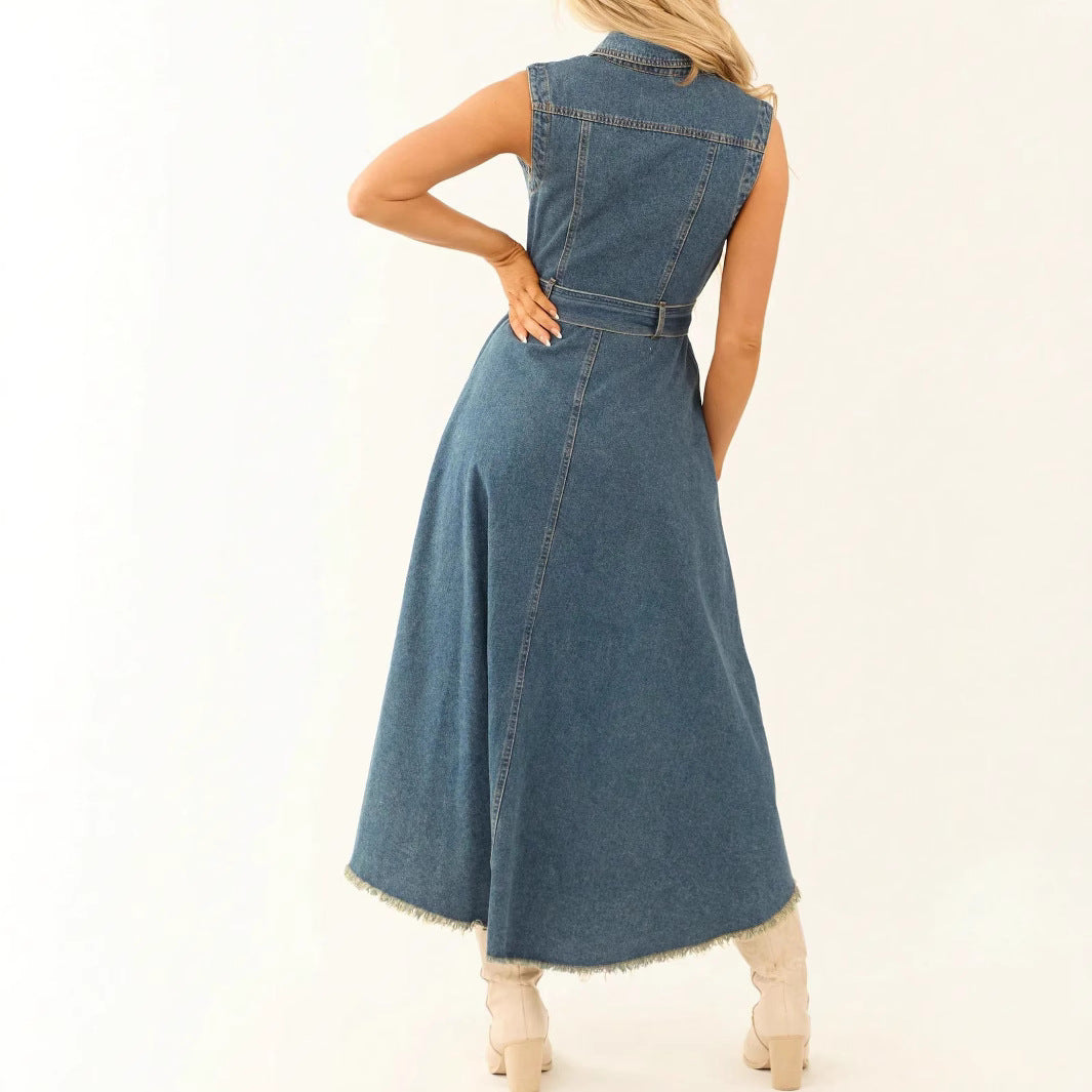 Fashionable sleeveless cowboy dress with irregular design by eprolo, showcasing a stylish and unique personality.