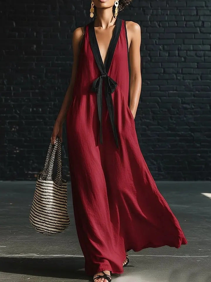 Elegant eprolo long strapless V-neck sleeveless resort dress with a simple, flowing design, perfect for warm-weather occasions.