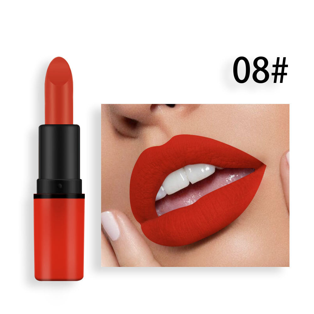Red matte lipstick in a red and black plastic tube next to a woman wearing the lipstick, with "08#" above.