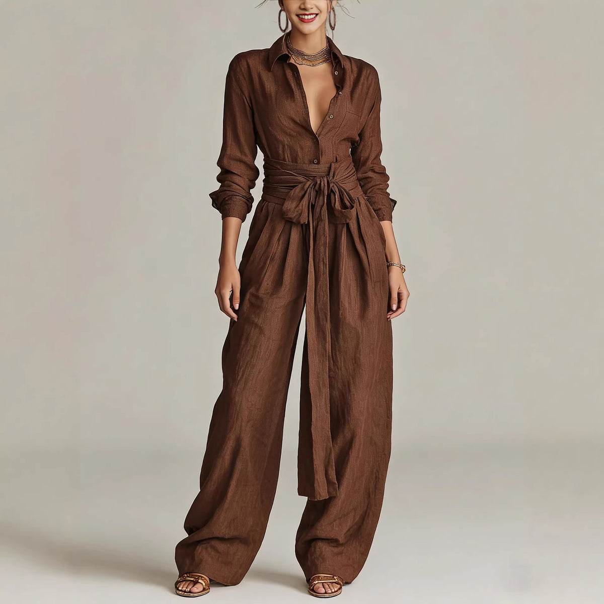 Solid color collar top and high-waisted pants two-piece outfit set by Plush Fashion Hub, displayed on a mannequin.