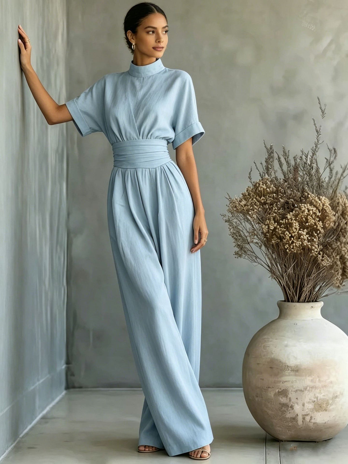 Eprolo half high neck short-sleeved wide-leg jumpsuit, stylish and comfortable, shown in a full-length front view.