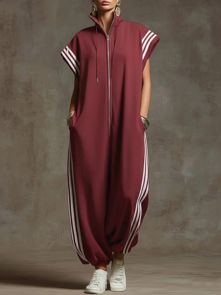 Striped zipper stand collar jumpsuit from Plush Fashion Hub featuring a stylish design and full-length sleeves.