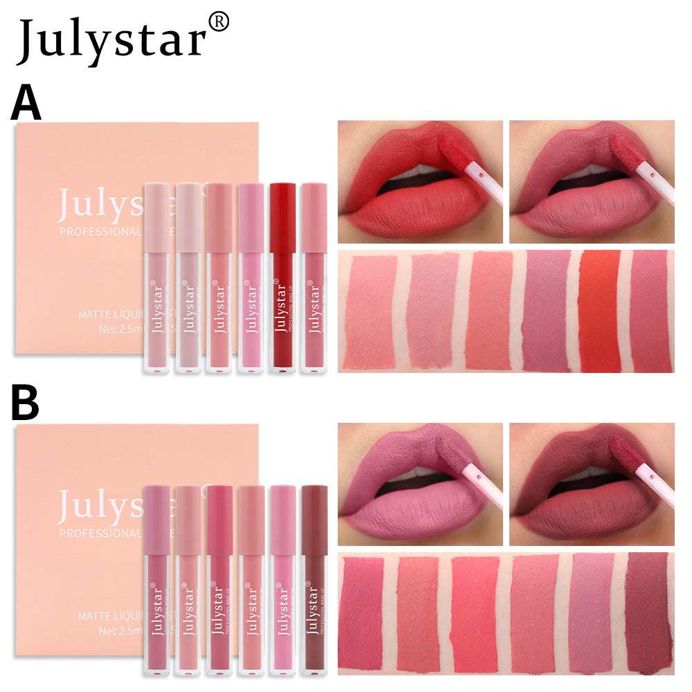 Julystar matte liquid lipstick sets in pink and red shades, with swatches and lip application samples.