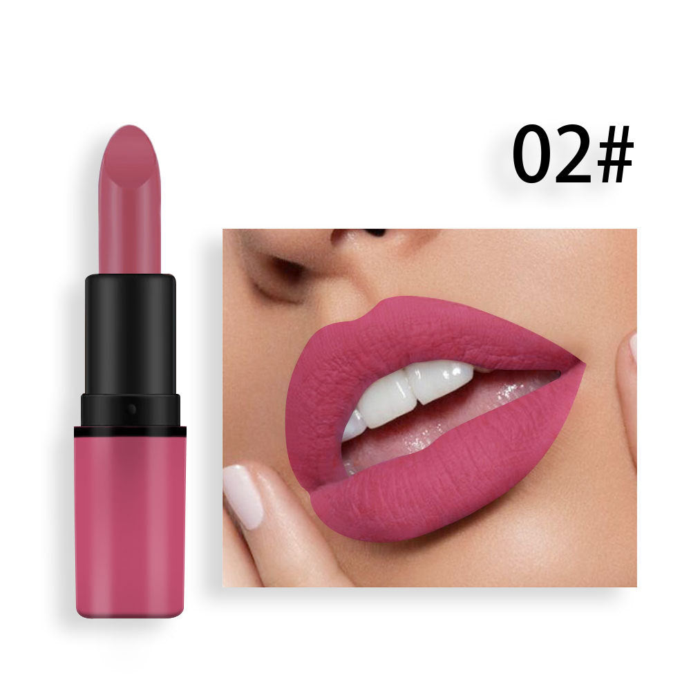 Matte pink lipstick in black plastic tube with 02# label, shown applied on lips.