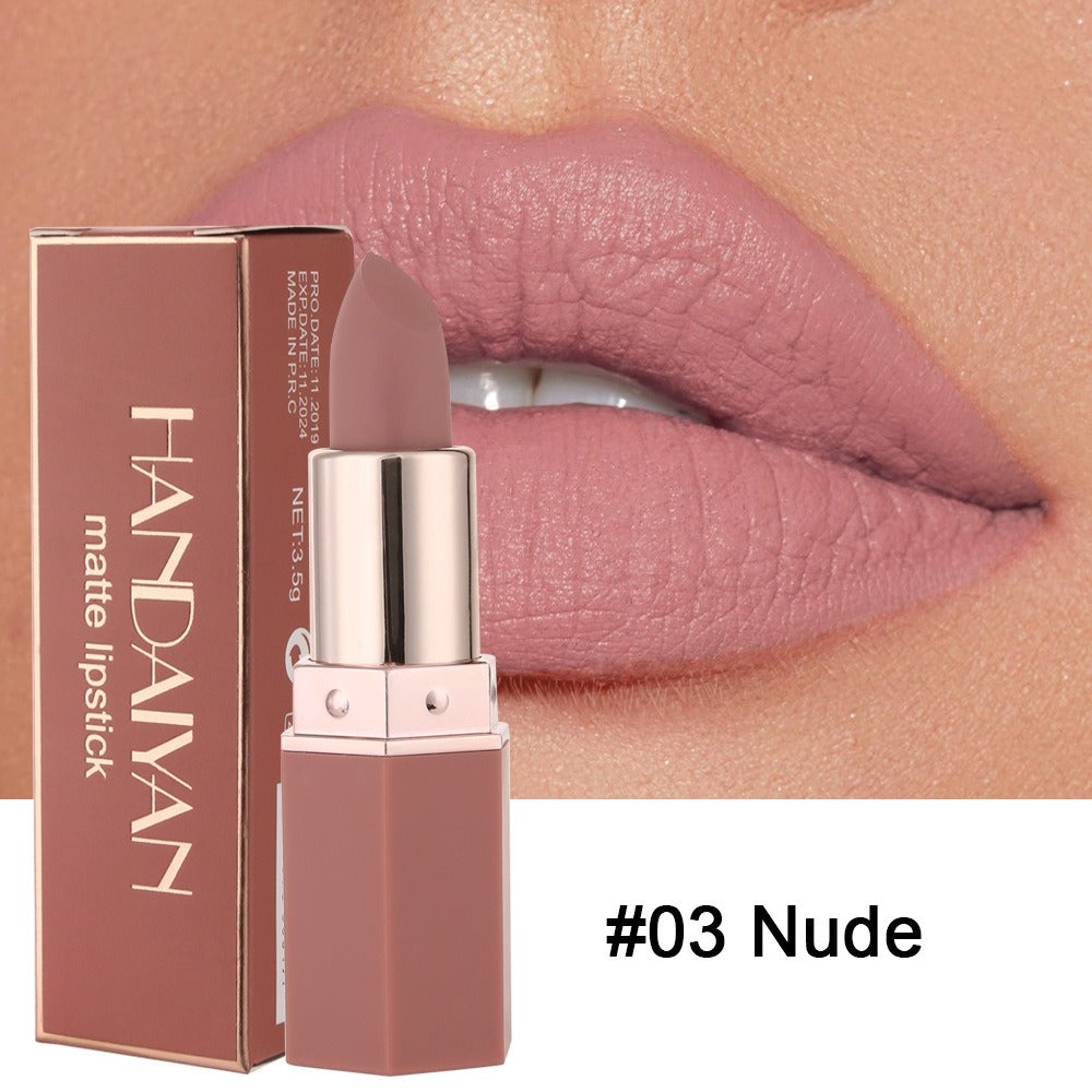Handaiyan matte nude lipstick with matching box, shown against a close-up of matching matte lips.