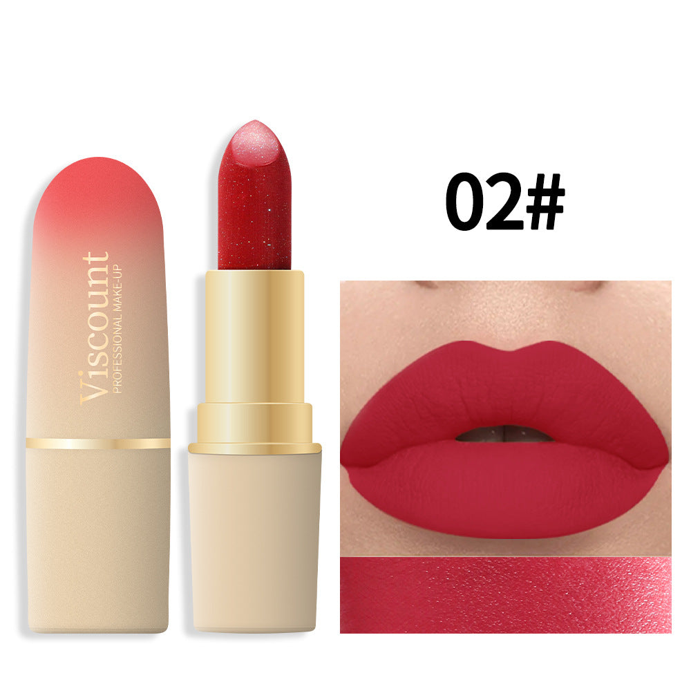 Red glitter lipstick with peach-to-beige gradient case labeled "02#" and shown applied on lips.