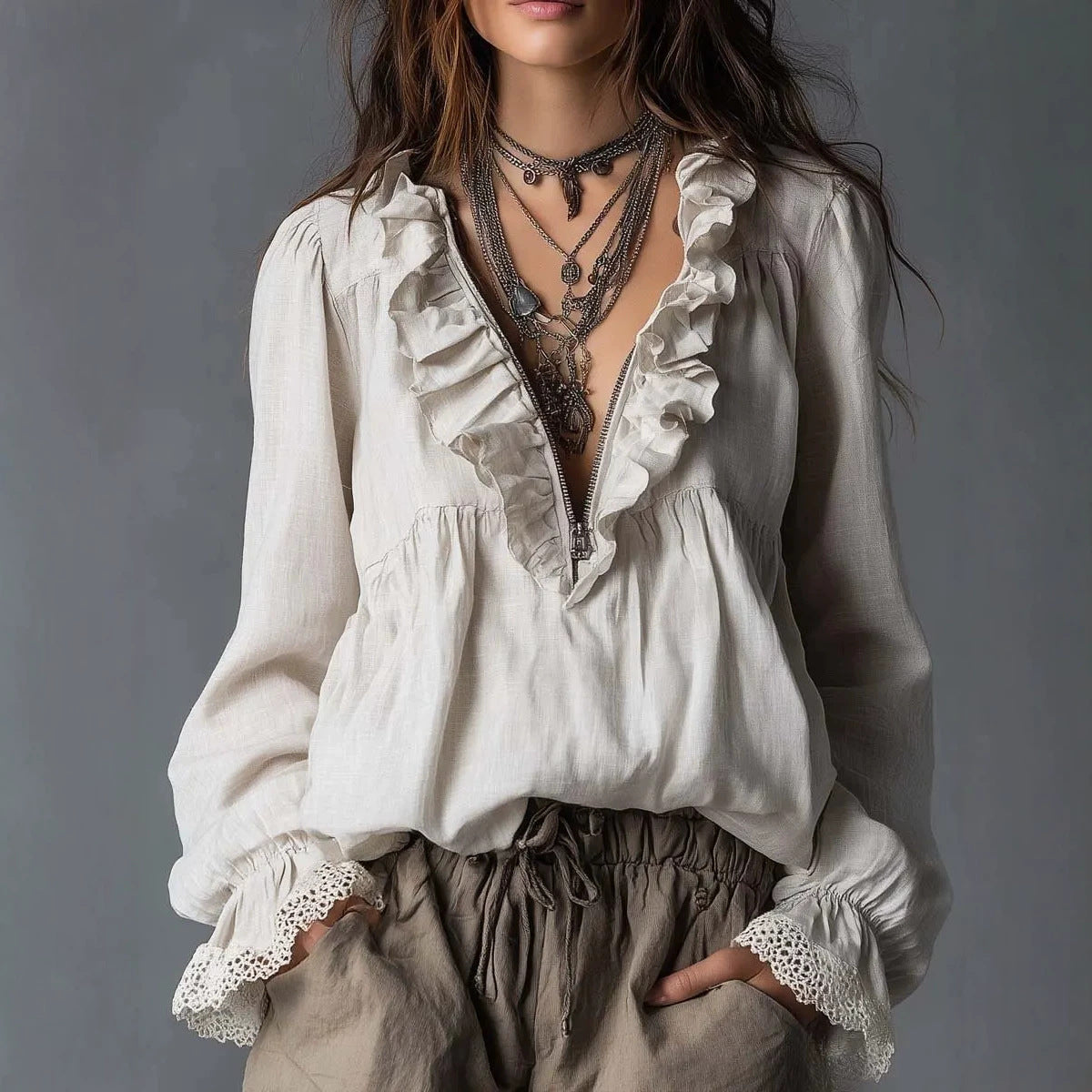 Plush Fashion Hub lotus leaf edge half zipper V-neck lace long sleeve blouse with flared sleeves, elegant and stylish.