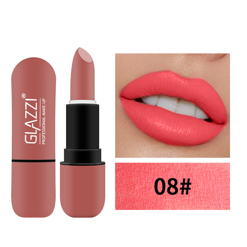 Coral pink lipstick in matte plastic case with "GLAZZI" branding, shown with lip swatch and swatch label "08#".