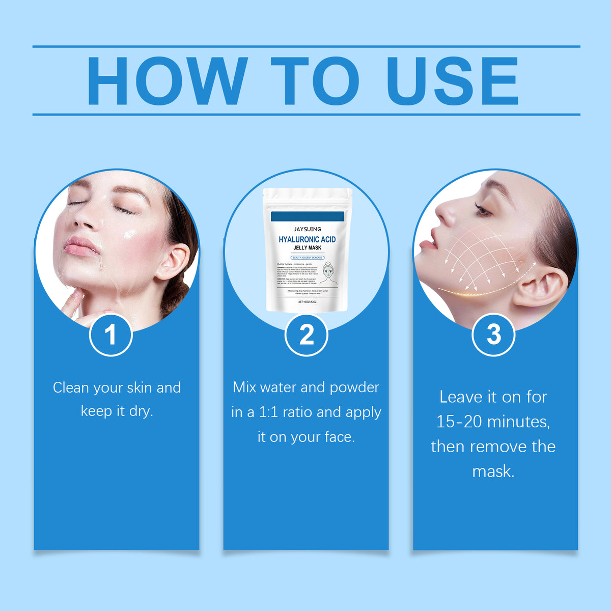 Infographic titled 'HOW TO USE' with three steps showing a hyaluronic acid jelly mask pouch and application.