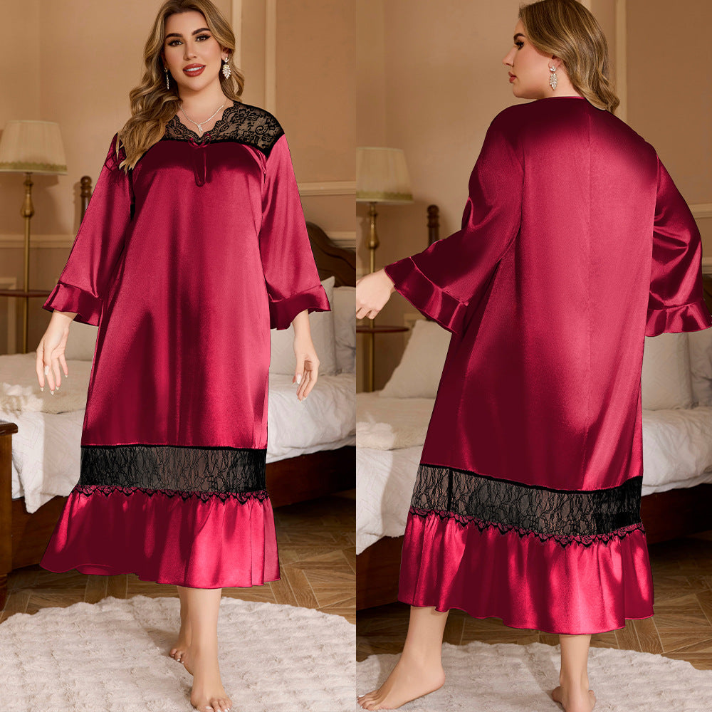 Burgundy satin nightgown, loose style, with black lace trim at yoke and hem, and flared sleeves.