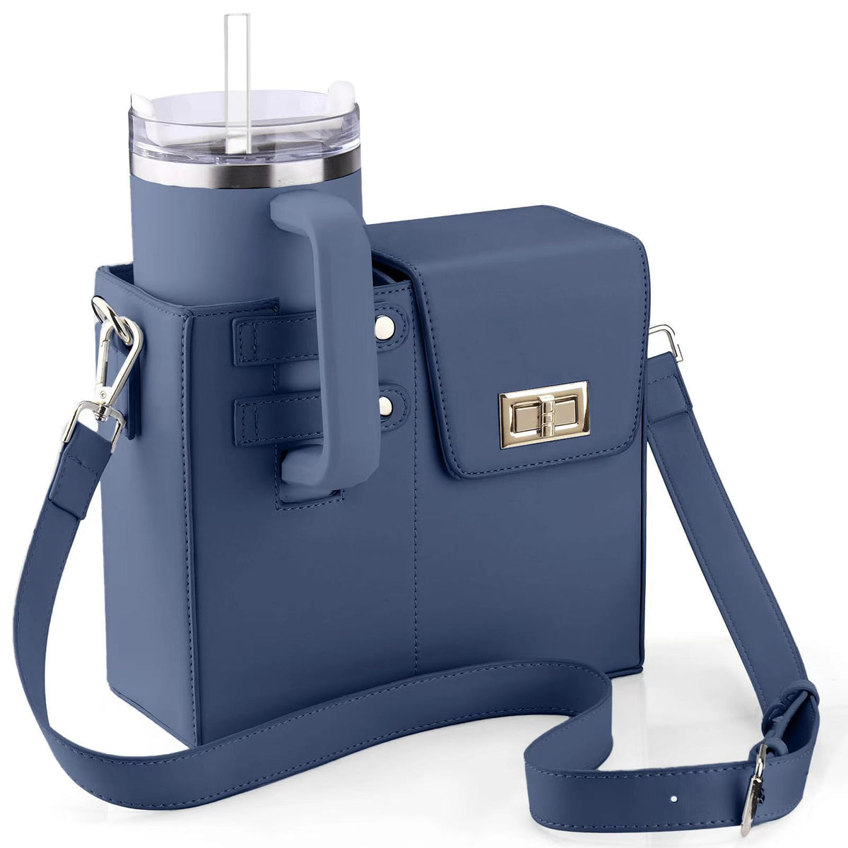 Blue faux leather tumbler pouch with a flap, gold clasp, shoulder strap, and matching tumbler with a straw.