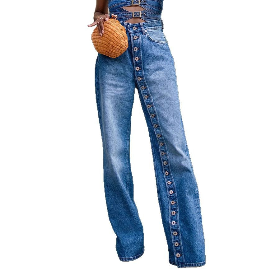 Eprolo high waist heavy wash denim pants with multi-button front and classic straight-leg style.